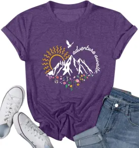 Adventure Awaits Shirts for Women Cute Sunrise Eagle Graphic Hiking T Shirts Outdoor Casual Short Sleeve Wildflower Tops