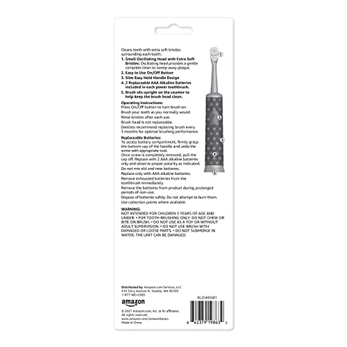 Amazon Basics Kids Battery Powered Toothbrush, 2 Count, 1 Pack (Previously Solimo)