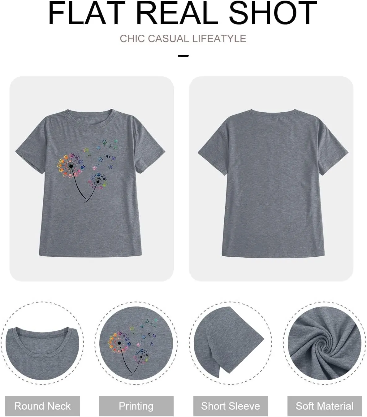 Anbech Womens Dandelion Graphic T-Shirts Teen Girls Cute Sunflower Print Casual Tee Tops
