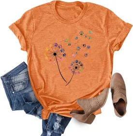 Anbech Womens Dandelion Graphic T-Shirts Teen Girls Cute Sunflower Print Casual Tee Tops