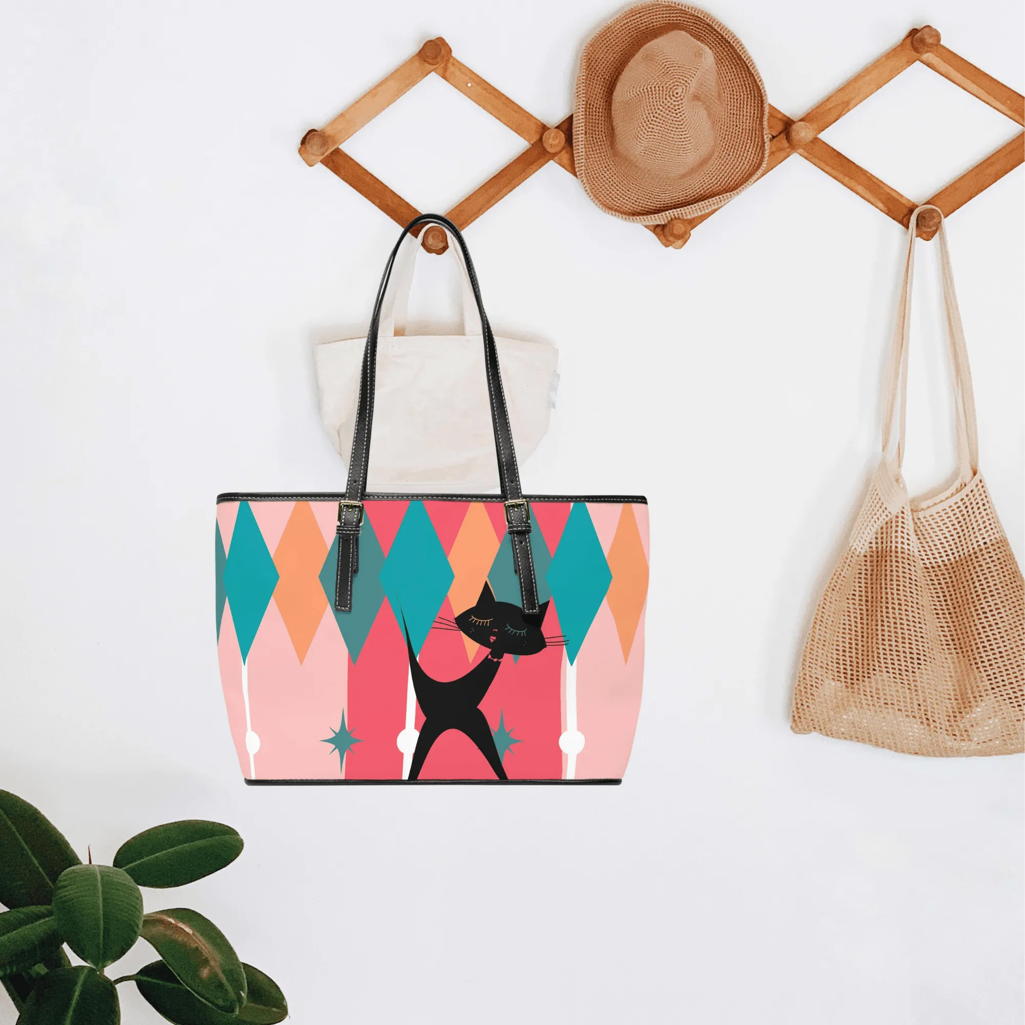 Atomic Cat, Pink, Aqua Blue, White Starburst Retro PU Leather Shoulder Bag