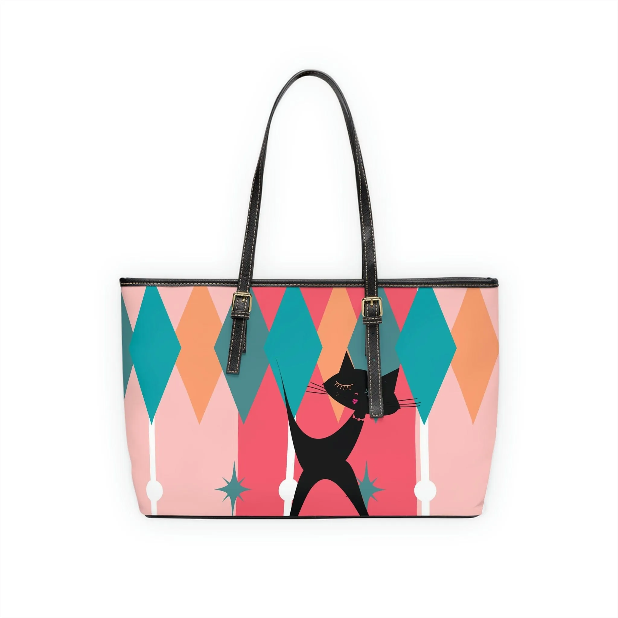 Atomic Cat, Pink, Aqua Blue, White Starburst Retro PU Leather Shoulder Bag