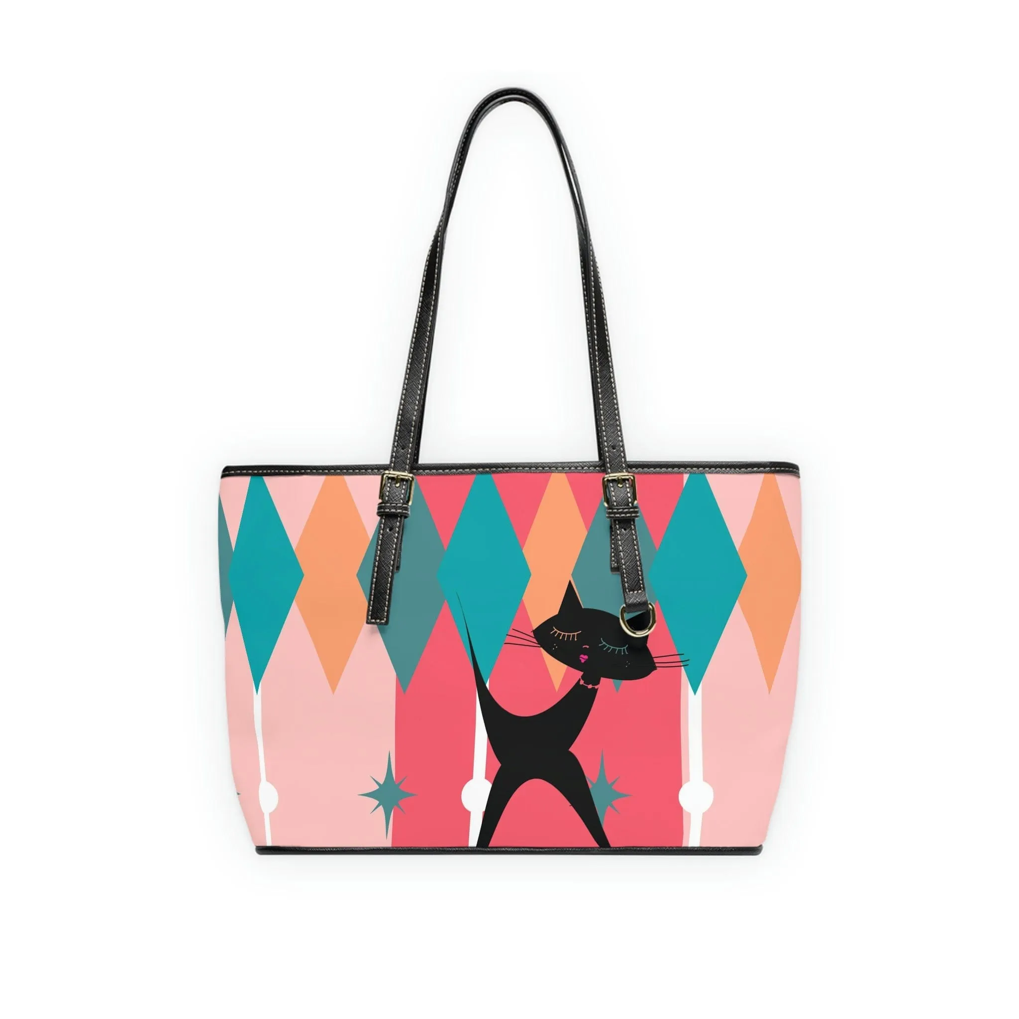 Atomic Cat, Pink, Aqua Blue, White Starburst Retro PU Leather Shoulder Bag