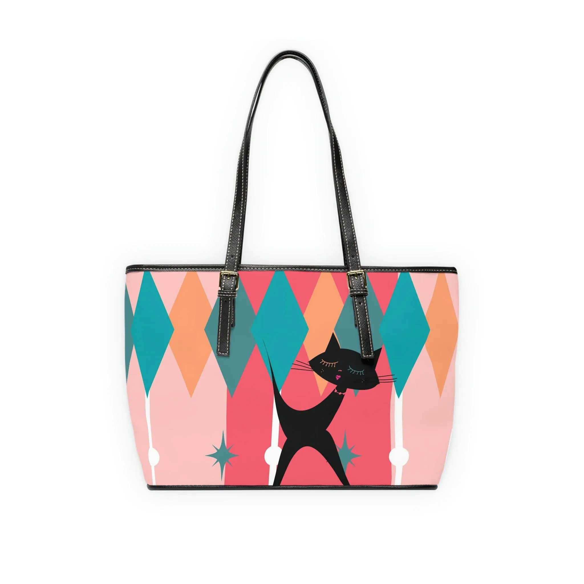 Atomic Cat, Pink, Aqua Blue, White Starburst Retro PU Leather Shoulder Bag