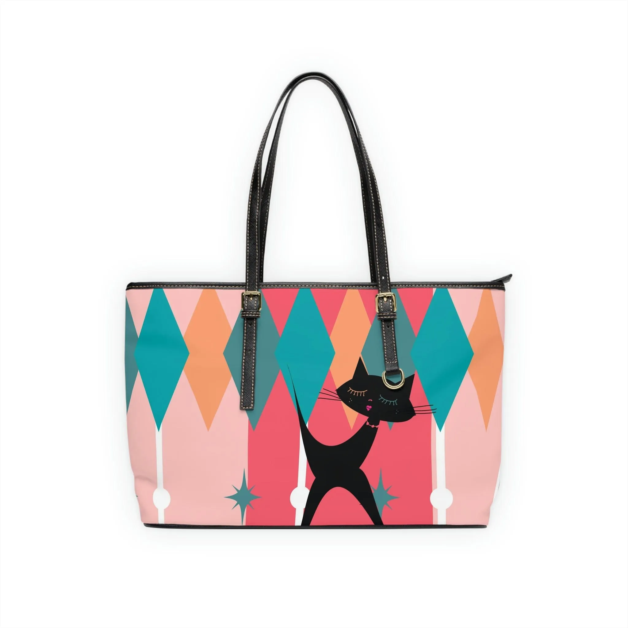 Atomic Cat, Pink, Aqua Blue, White Starburst Retro PU Leather Shoulder Bag