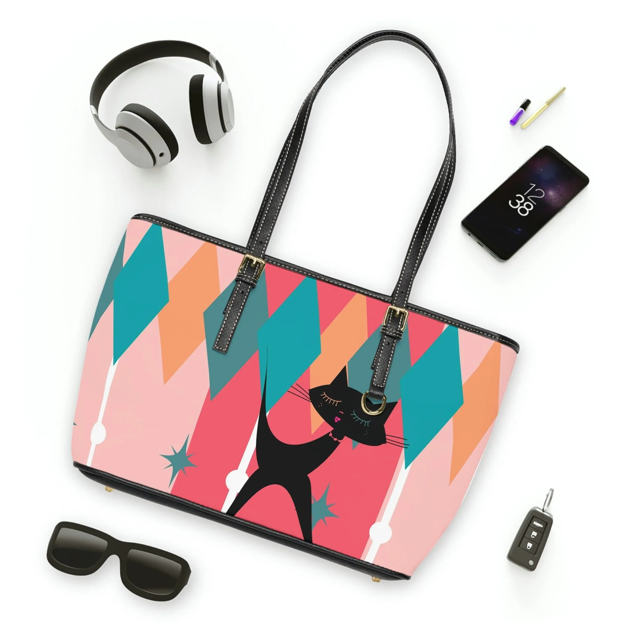 Atomic Cat, Pink, Aqua Blue, White Starburst Retro PU Leather Shoulder Bag