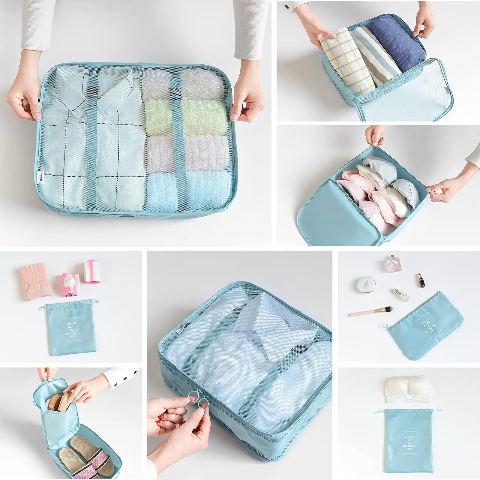 BillyBath Packing cubes Suitcase Organiser Set, 8 Pieces Clothes Bags Shoe Bags Travel Organiser Packing Cube Cosmetic Travel Organiser Packing Bags for Suitcases Teal