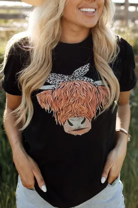 Black Cute Cattle Leopard O-Neck T-Shirt