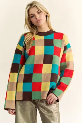 Color Block Checkered Dropped Shoulder Sweater