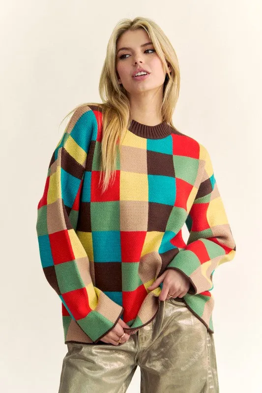 Color Block Checkered Dropped Shoulder Sweater