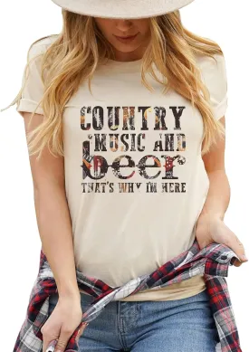Country Music and Beer Funny Drinking Shirt for Women Summer Vacation T Shirts Vintage Country Shirts Tops