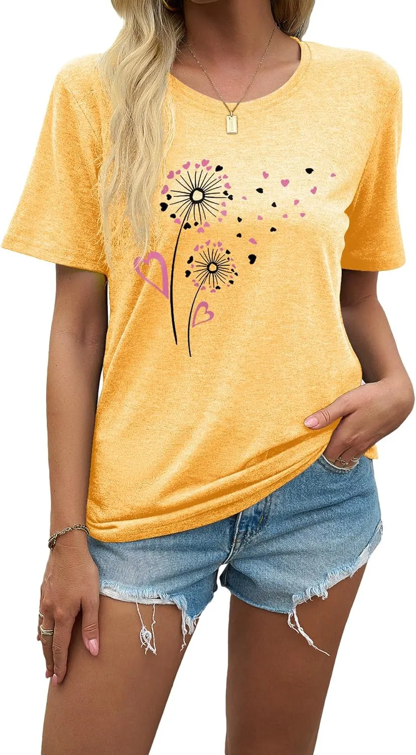 EUOW Dandelion Graphic Floral T-Shirt for Women Casual Summer Boho Tops Holiday Wildflowers Tee Shirts