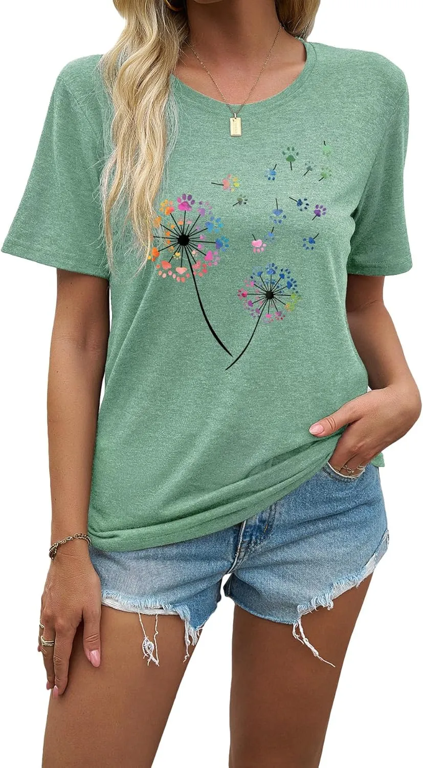 EUOW Dandelion Graphic Floral T-Shirt for Women Casual Summer Boho Tops Holiday Wildflowers Tee Shirts