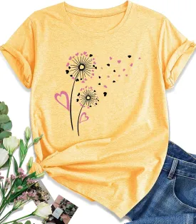 EUOW Dandelion Graphic Floral T-Shirt for Women Casual Summer Boho Tops Holiday Wildflowers Tee Shirts