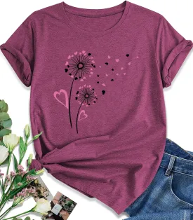 EUOW Dandelion Graphic Floral T-Shirt for Women Casual Summer Boho Tops Holiday Wildflowers Tee Shirts