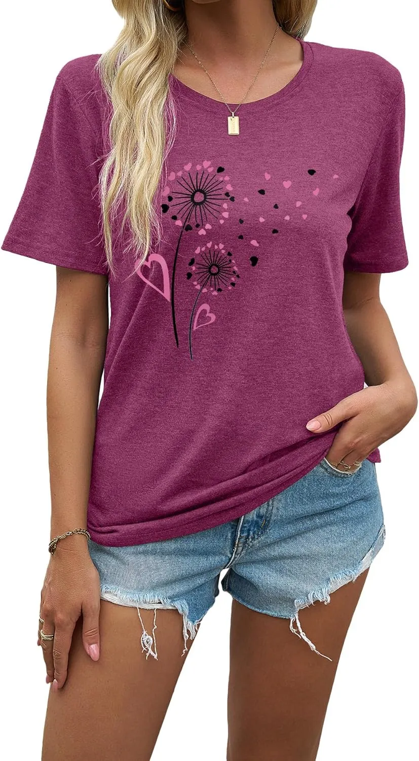 EUOW Dandelion Graphic Floral T-Shirt for Women Casual Summer Boho Tops Holiday Wildflowers Tee Shirts