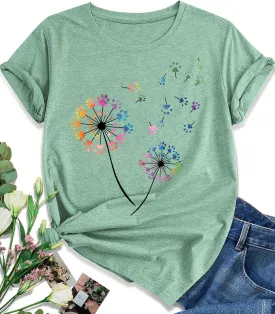 EUOW Dandelion Graphic Floral T-Shirt for Women Casual Summer Boho Tops Holiday Wildflowers Tee Shirts