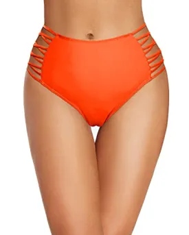 Full Coverage High Waisted Bikini Bottom With Side Strappy-Neon Orange