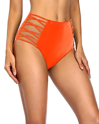 Full Coverage High Waisted Bikini Bottom With Side Strappy-Neon Orange