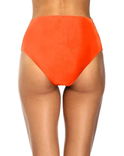 Full Coverage High Waisted Bikini Bottom With Side Strappy-Neon Orange
