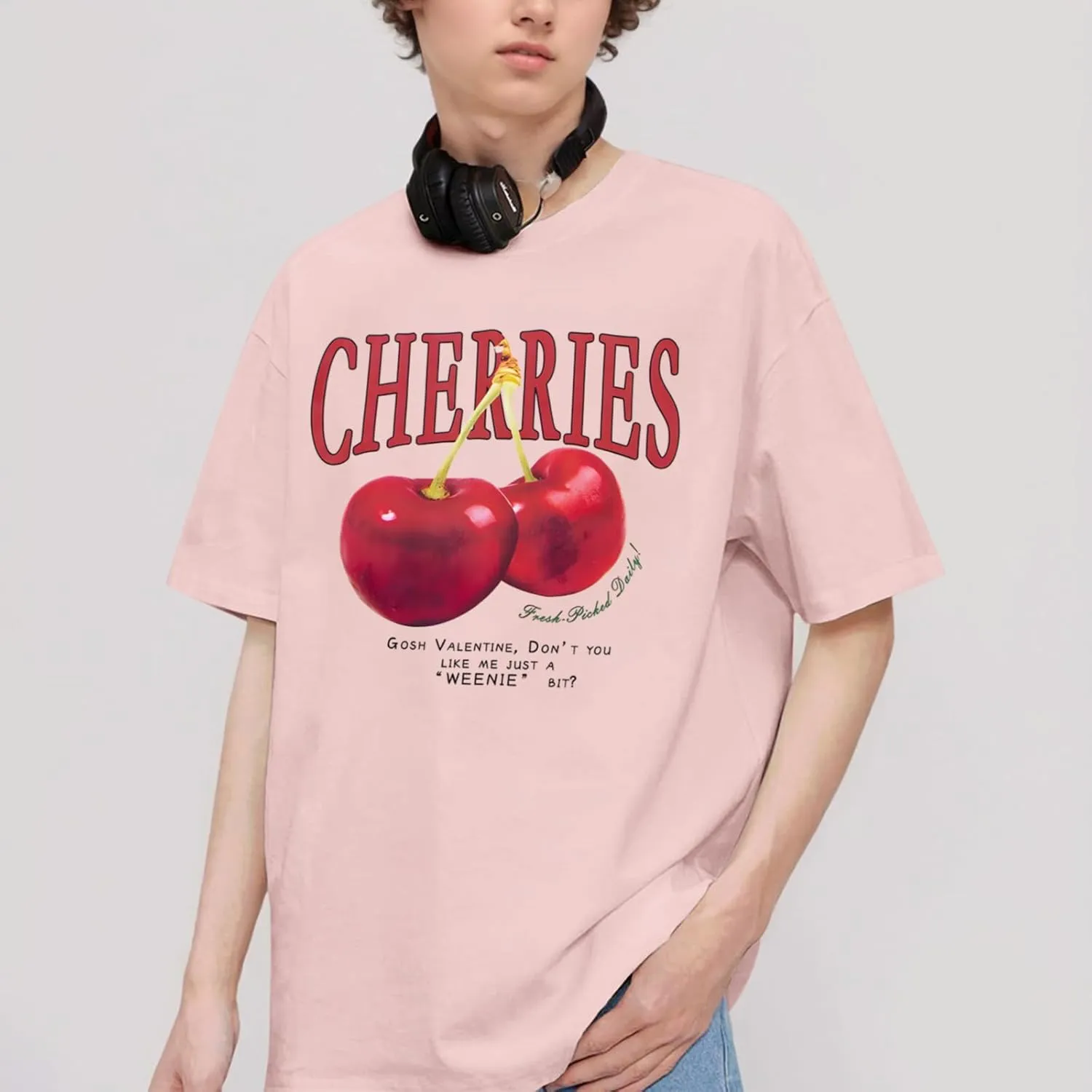 Oversized Graphic Tees Vintage Cherry Fruit Shirt for Men Aesthetic Printed Unisex T Shirts Short Sleeve Casual Tops