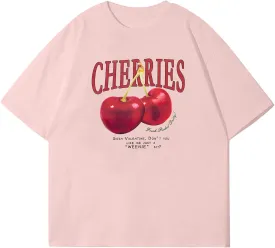 Oversized Graphic Tees Vintage Cherry Fruit Shirt for Men Aesthetic Printed Unisex T Shirts Short Sleeve Casual Tops