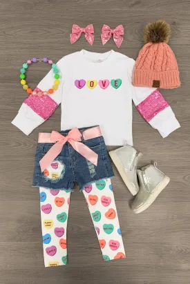 "Love" Candy Heart Legging & Denim Short Set