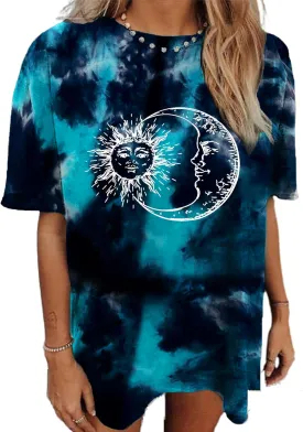 Remidoo Women's Casual Crewneck Short Sleeve Sun and Moon Print Tie Dye Oversized Graphic Top T-Shirt