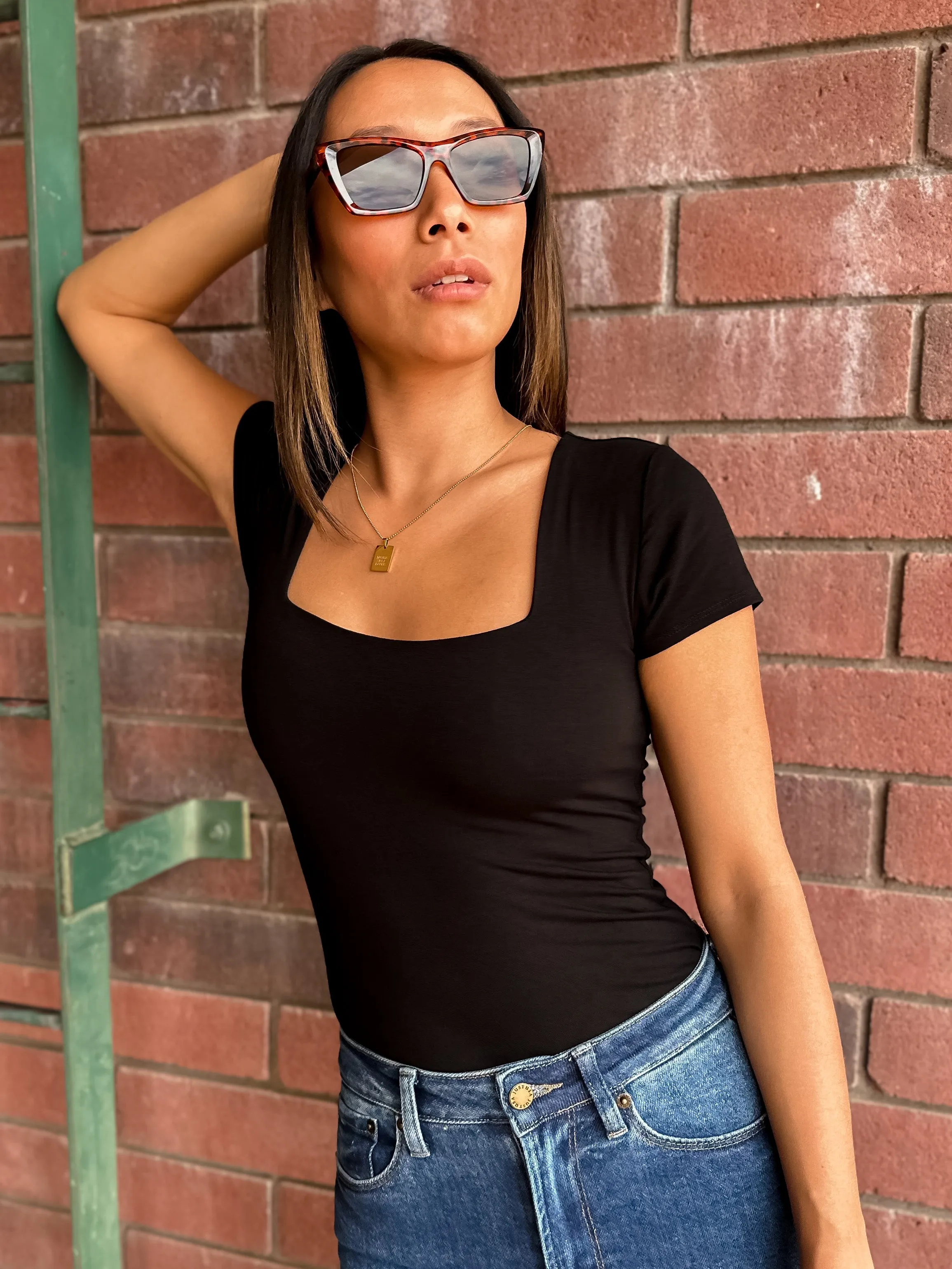 Square Neck Short Sleeve - Black