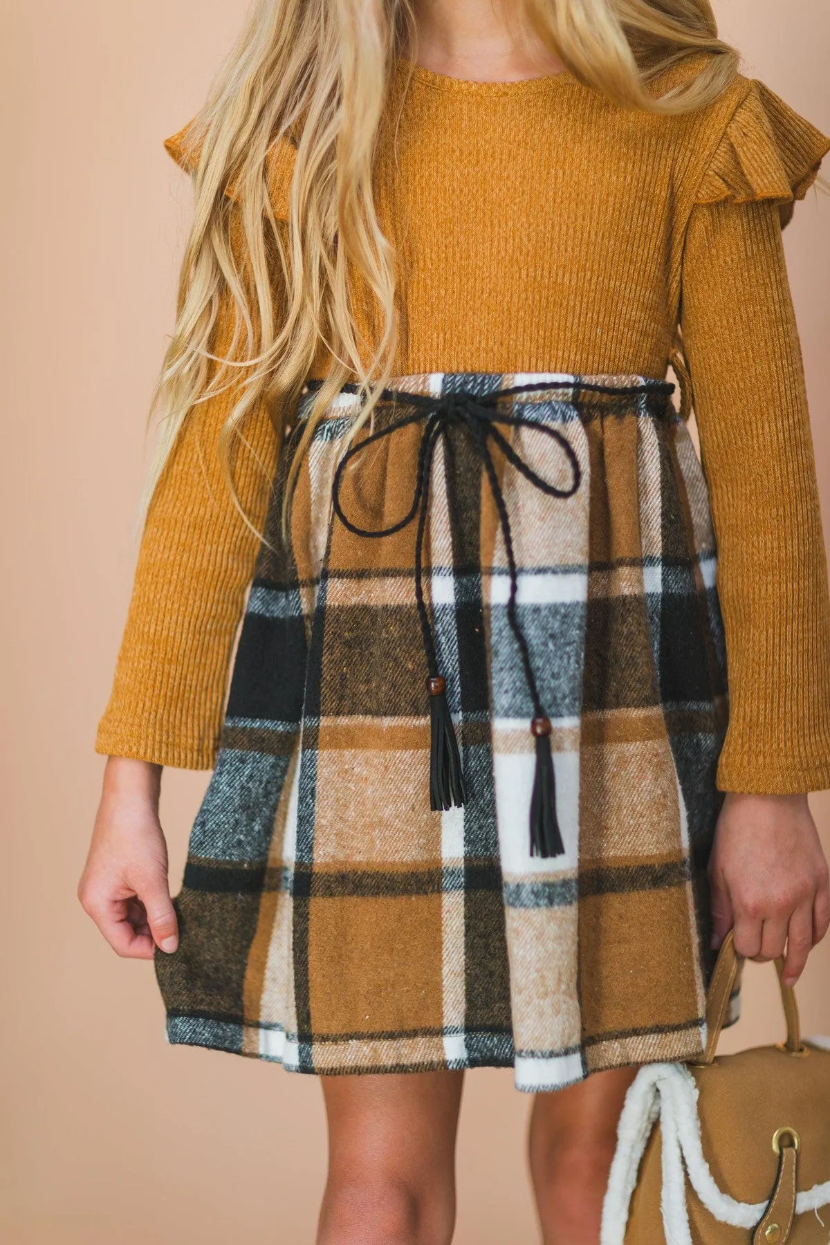 Tan Plaid Long Sleeve Dress