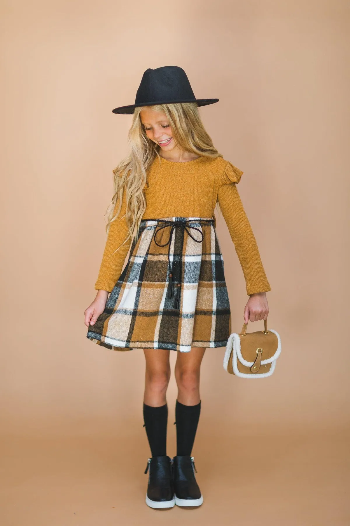 Tan Plaid Long Sleeve Dress