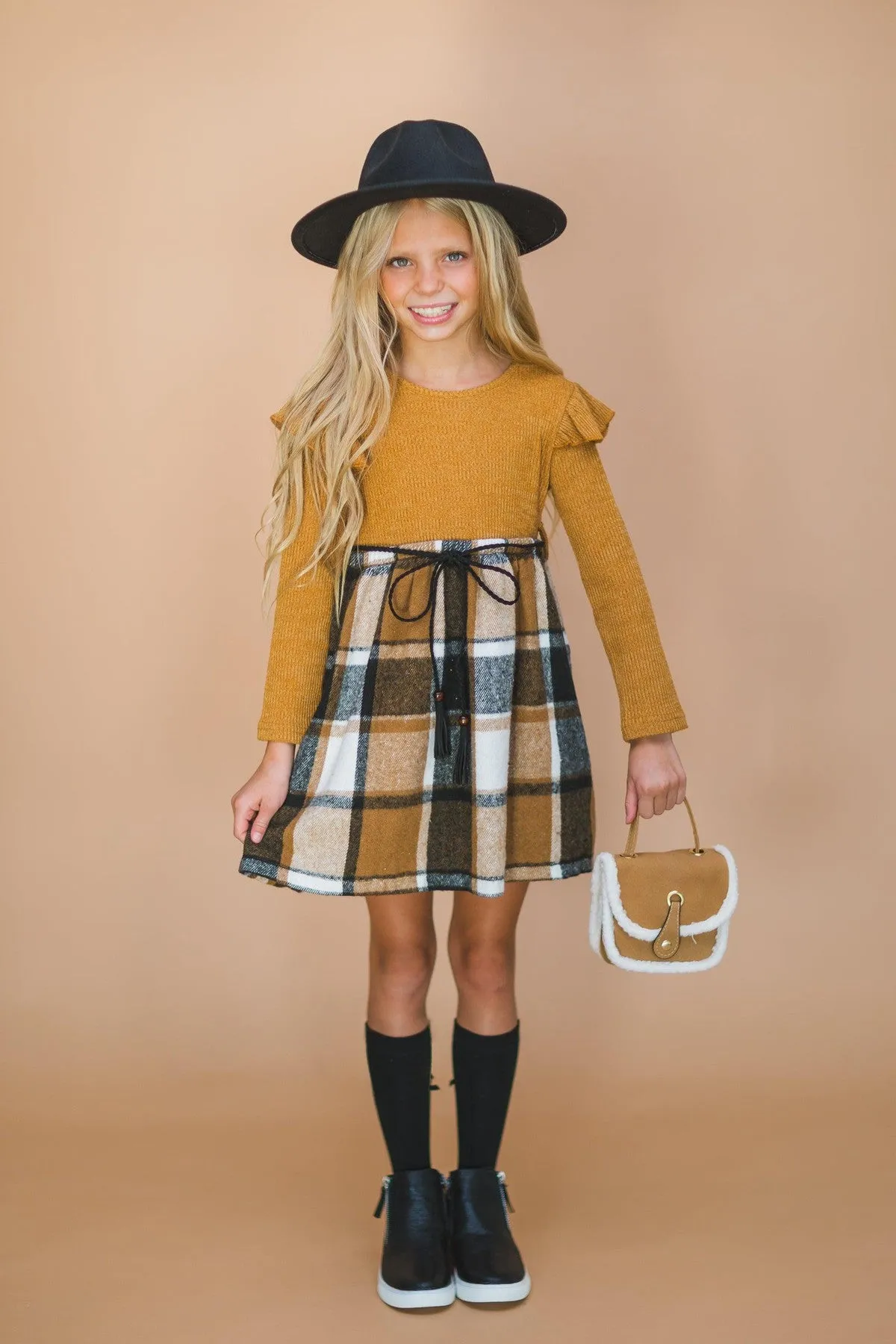 Tan Plaid Long Sleeve Dress