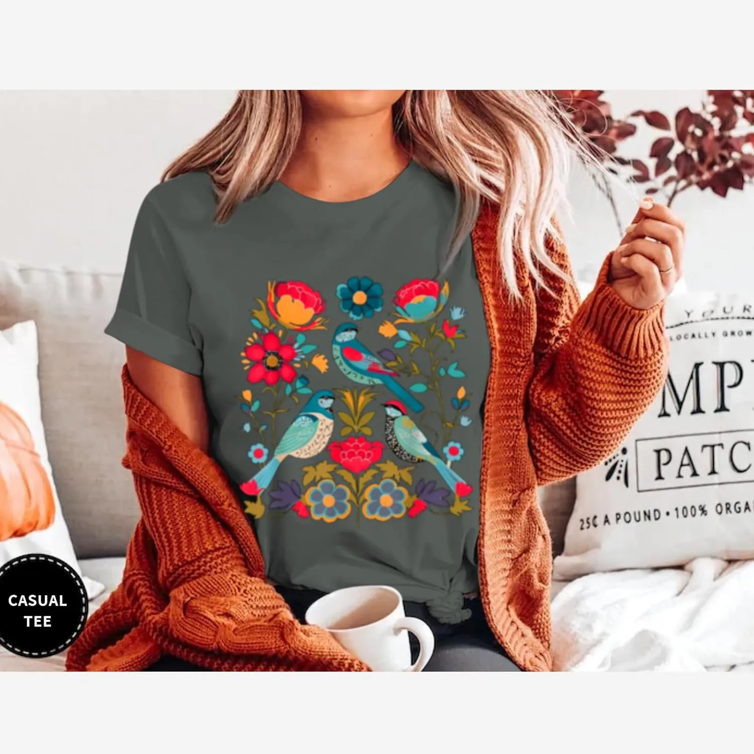 Vintage Flower Shirt for Women Boho Floral Wildflower Cute Graphic Tees Bird Cottagecore Print T Shirts Casual Tops
