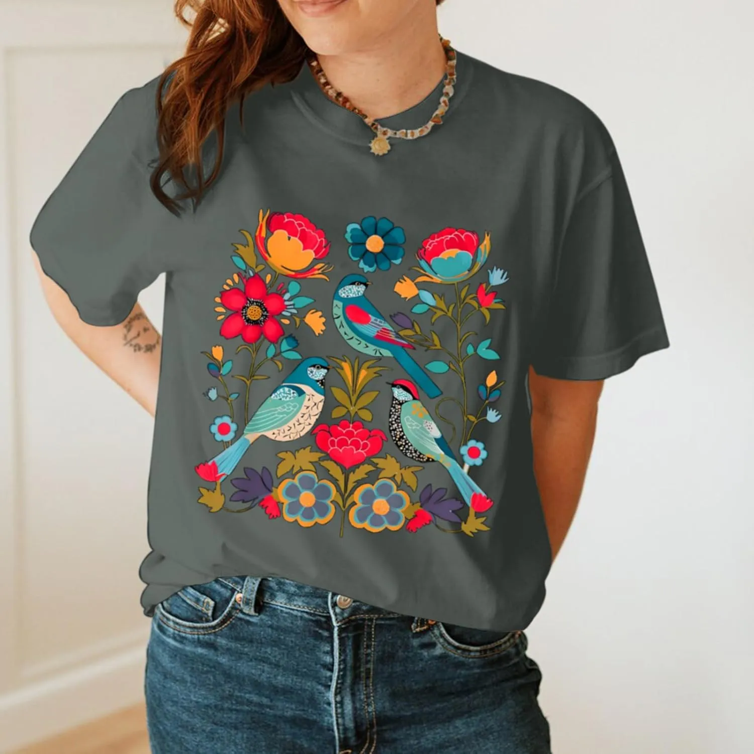 Vintage Flower Shirt for Women Boho Floral Wildflower Cute Graphic Tees Bird Cottagecore Print T Shirts Casual Tops