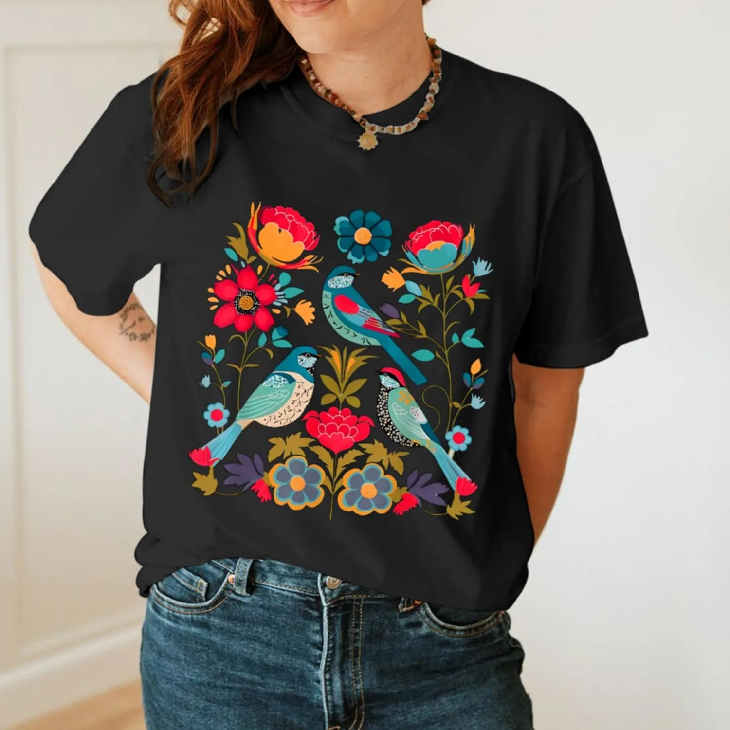 Vintage Flower Shirt for Women Boho Floral Wildflower Cute Graphic Tees Bird Cottagecore Print T Shirts Casual Tops