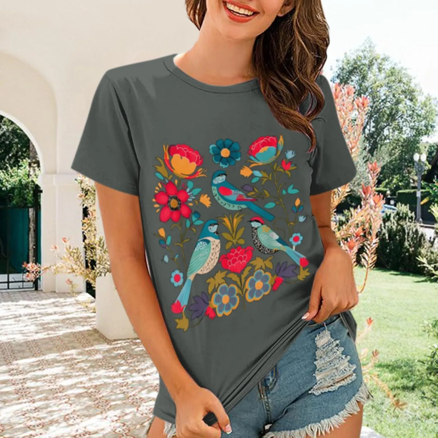 Vintage Flower Shirt for Women Boho Floral Wildflower Cute Graphic Tees Bird Cottagecore Print T Shirts Casual Tops
