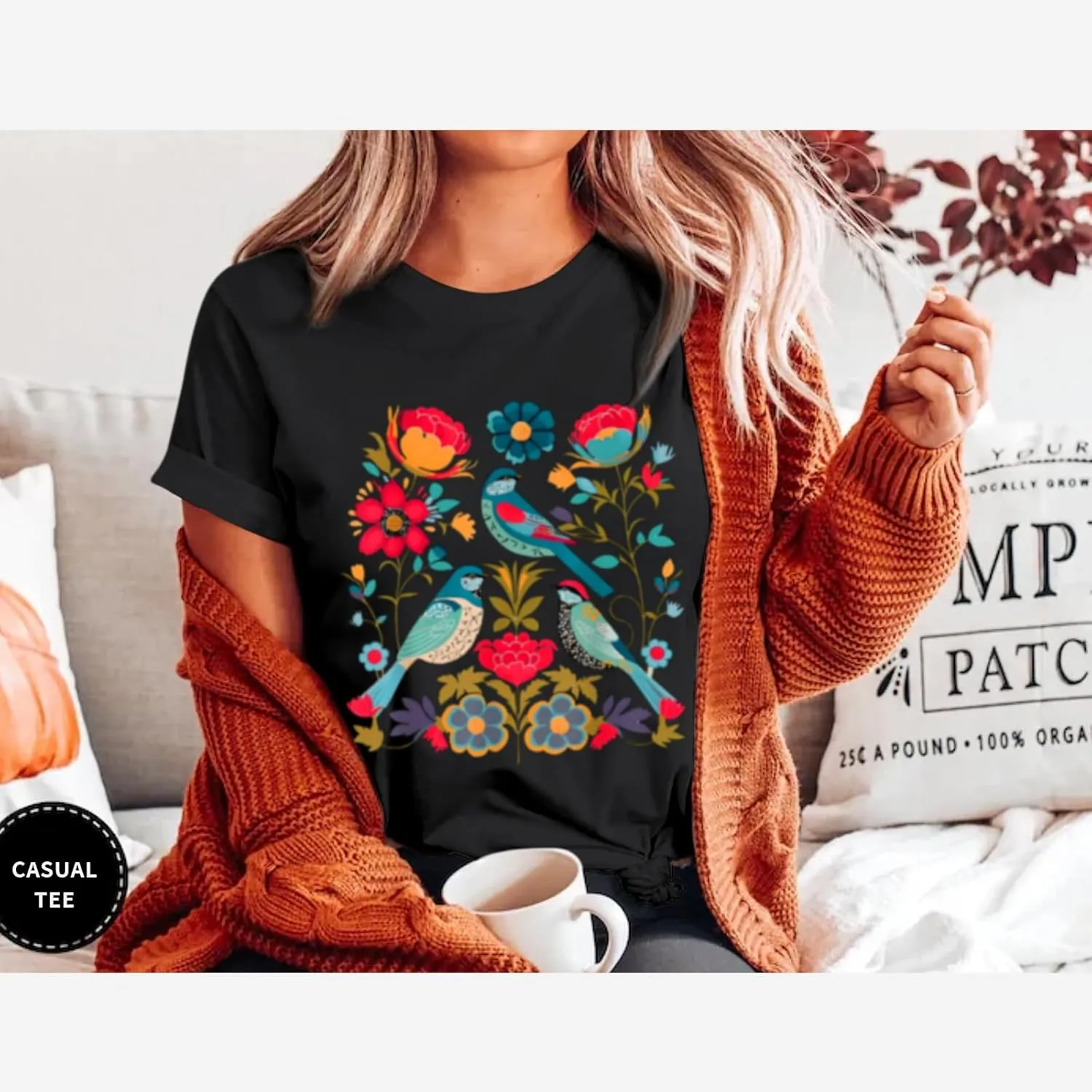 Vintage Flower Shirt for Women Boho Floral Wildflower Cute Graphic Tees Bird Cottagecore Print T Shirts Casual Tops