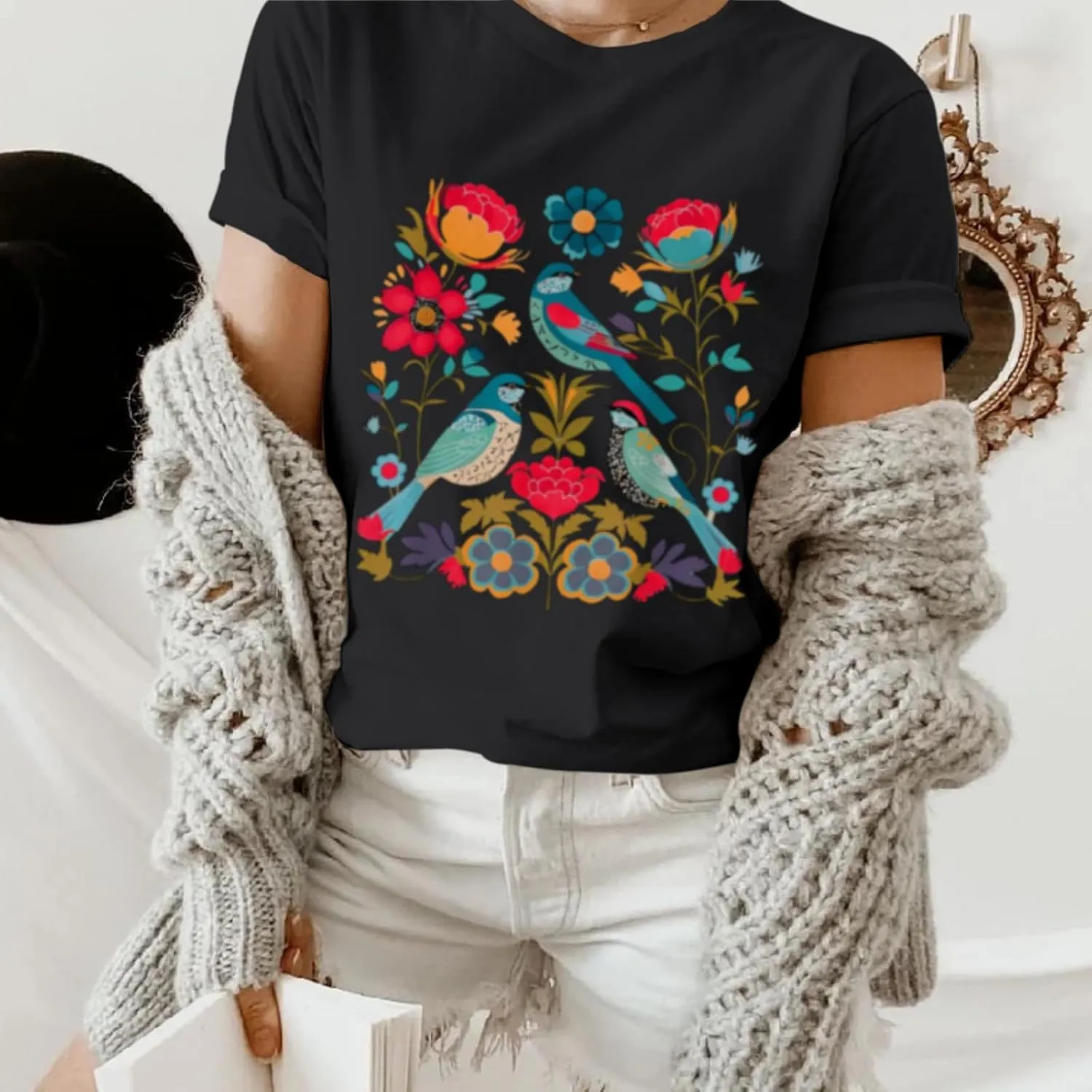 Vintage Flower Shirt for Women Boho Floral Wildflower Cute Graphic Tees Bird Cottagecore Print T Shirts Casual Tops