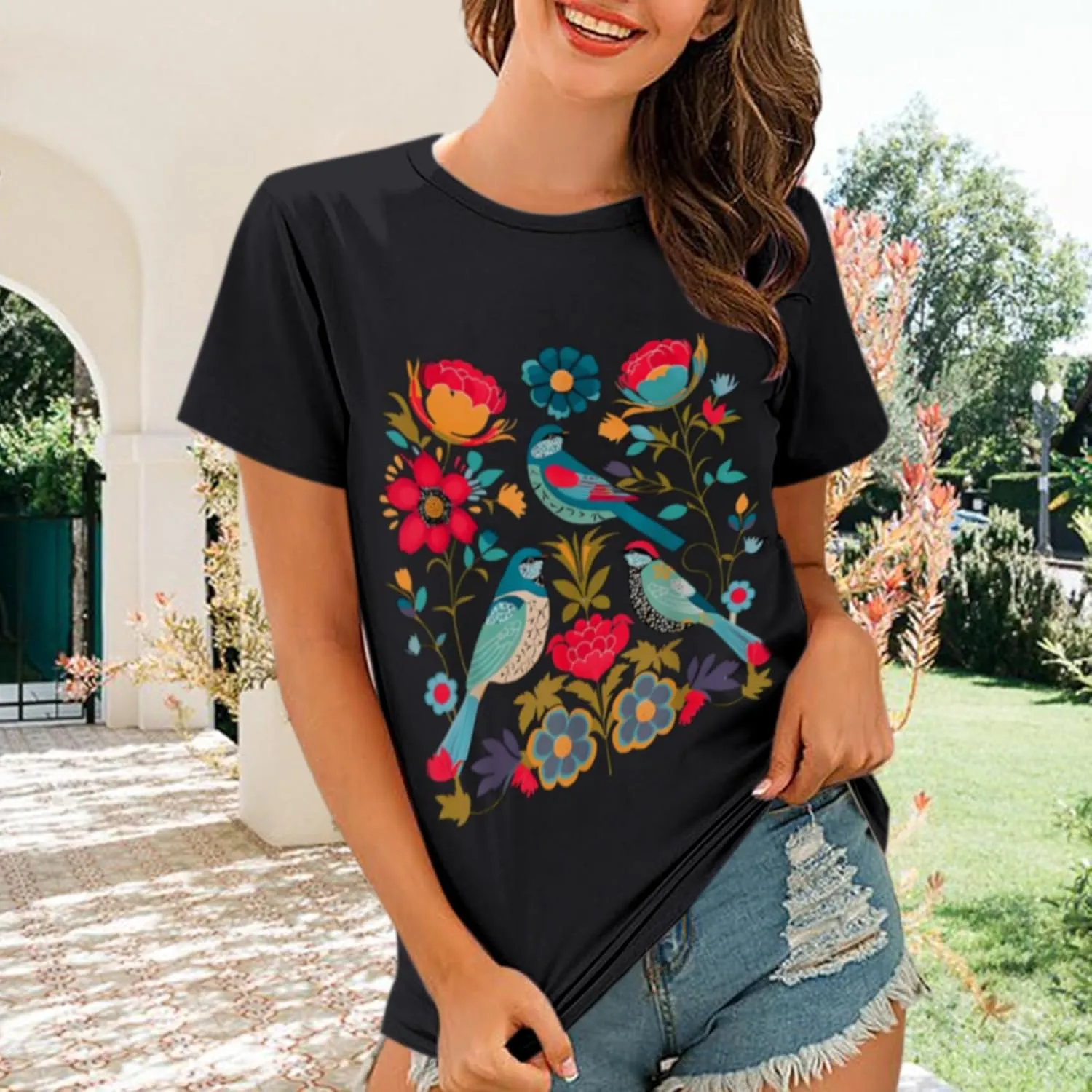 Vintage Flower Shirt for Women Boho Floral Wildflower Cute Graphic Tees Bird Cottagecore Print T Shirts Casual Tops