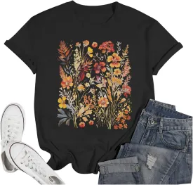Weiyuqi Women Boho Flower T Shirt Vintage Floral Graphic Shirt Botanical Tee Wildflowers Shirts Casual Garden Lover Tops