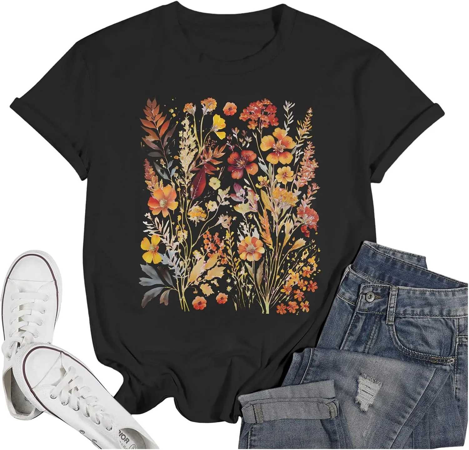 Weiyuqi Women Boho Flower T Shirt Vintage Floral Graphic Shirt Botanical Tee Wildflowers Shirts Casual Garden Lover Tops