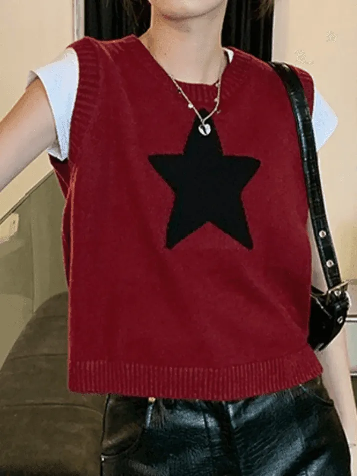 Wenkouban-Spring Casual Outfits Y2K Outfits Star Jacquard Crew Neck Cropped Sweater Vest