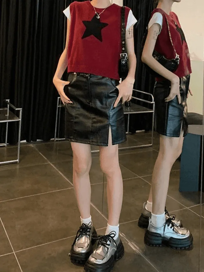 Wenkouban-Spring Casual Outfits Y2K Outfits Star Jacquard Crew Neck Cropped Sweater Vest