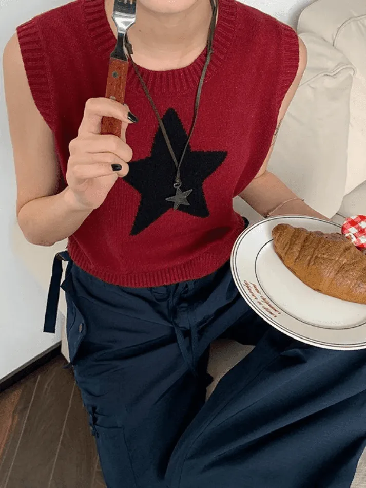 Wenkouban-Spring Casual Outfits Y2K Outfits Star Jacquard Crew Neck Cropped Sweater Vest