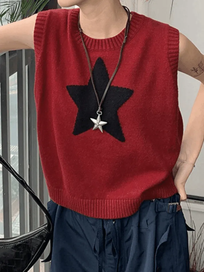 Wenkouban-Spring Casual Outfits Y2K Outfits Star Jacquard Crew Neck Cropped Sweater Vest