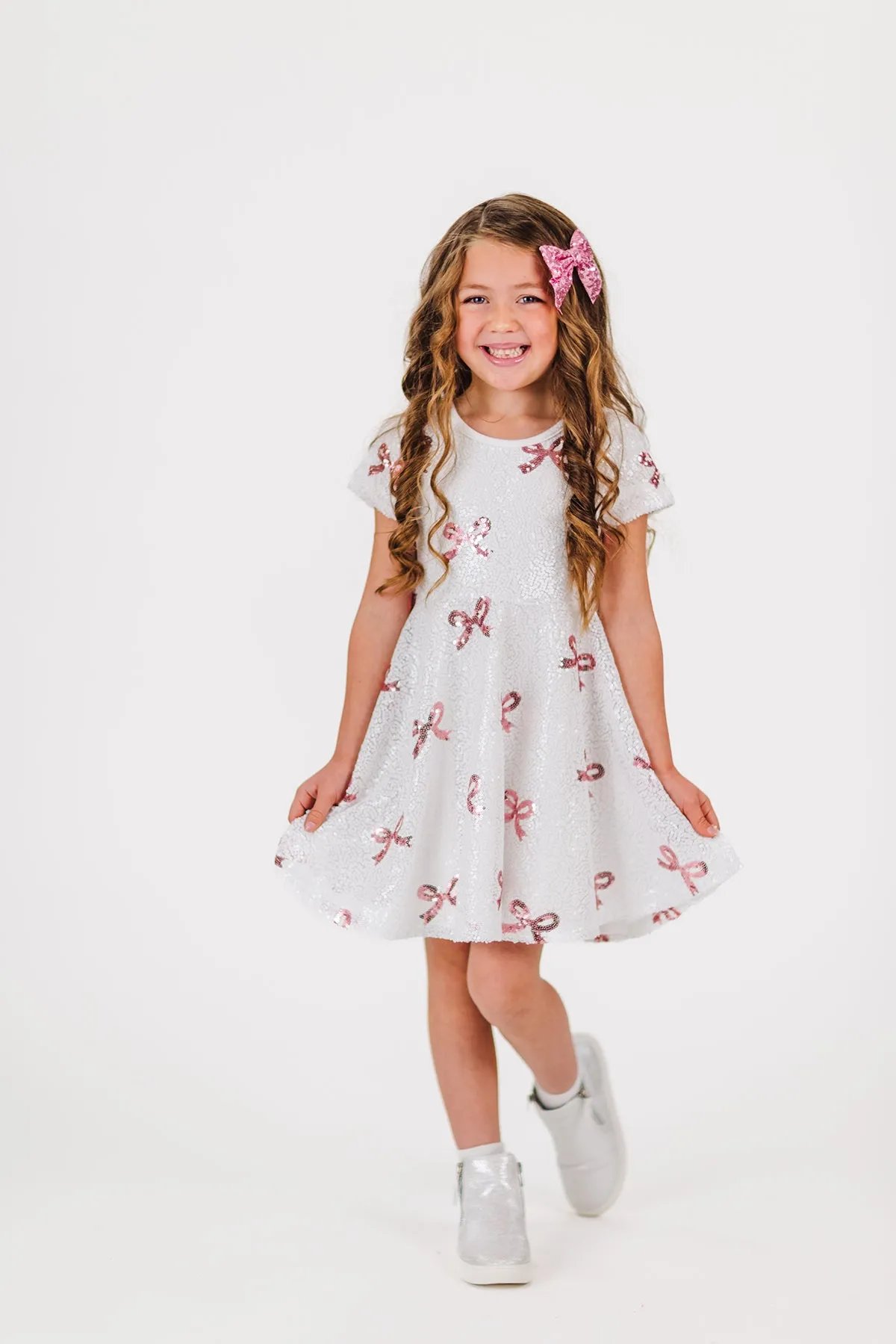 White & Pink Sequin Bow Dress