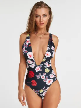 Wholesale Black Deep V Neck Sleeveless Floral Print Backless Wireless One-Pieces Swimsuits
