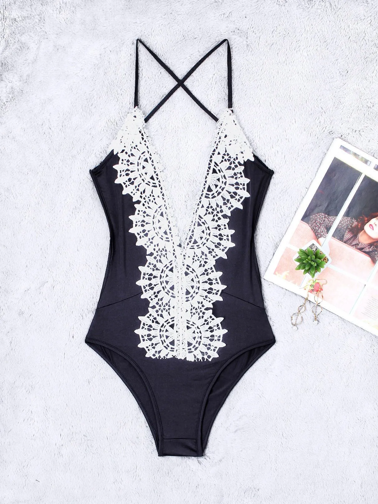 Wholesale Black Deep V Neck Sleeveless Plain Lace Backless Spaghetti Strap One-Pieces Swimsuits