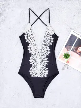 Wholesale Black Deep V Neck Sleeveless Plain Lace Backless Spaghetti Strap One-Pieces Swimsuits