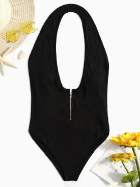 Wholesale Black Deep V Neck Sleeveless Zip Back One-Pieces Swimsuits